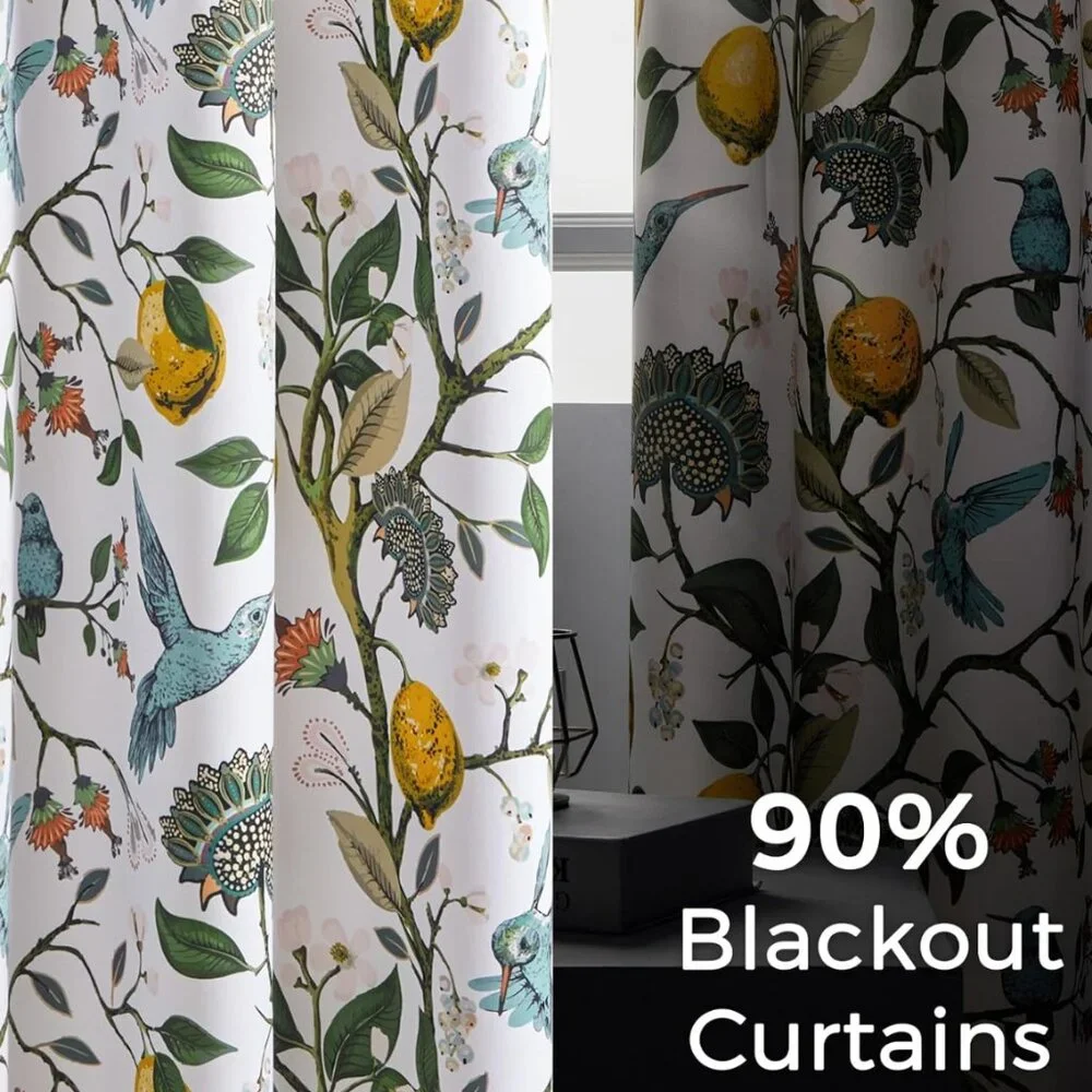 Floral Lemon Hummingbird Curtains Patterned Waverly Mid-Century Style